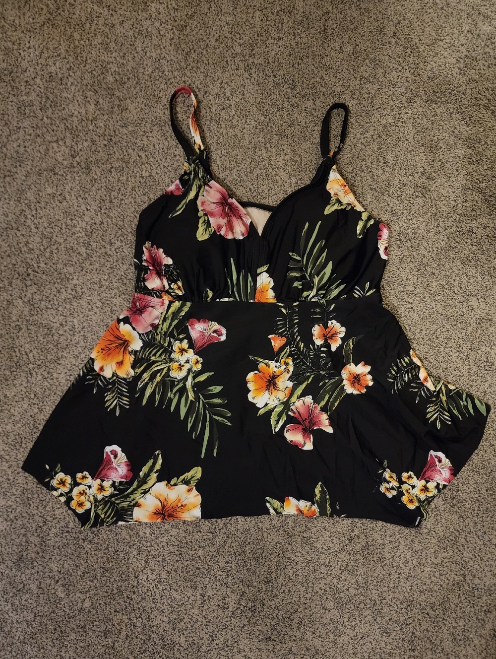 Kona Sol Black Floral Swim Top Tankini 16 W